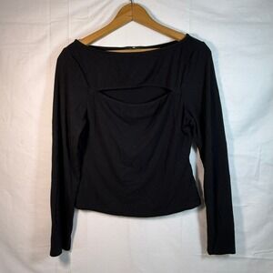 7 For All Mankind Womens Size M‎ Ribbed Cutout Top Black Long Sleeve Casual